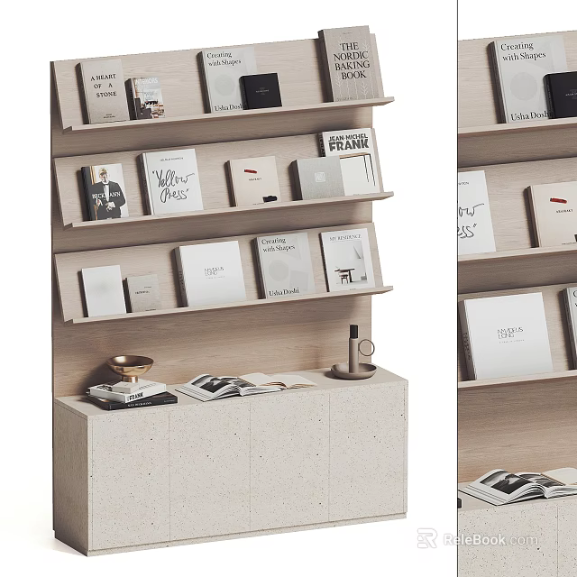 Stylish Books Magazines Display On Modern Layered Wooden Shelves With Neat Arrangement 3d model 