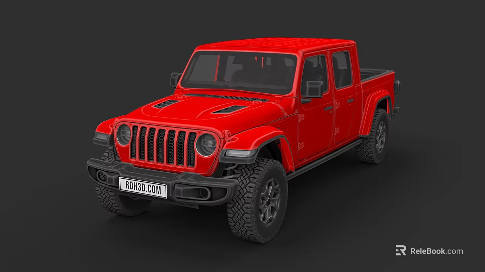Red Jeep Pickup Truck With Bold Front Grille And Off Road Tires 3d model 