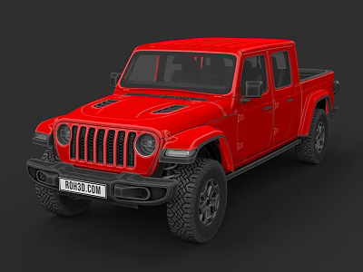 Red Jeep Pickup Truck With Bold Front Grille And Off Road Tires 3d model