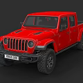 Red Jeep Pickup Truck With Bold Front Grille And Off Road Tires