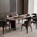 Modern Dining Table Set With Marble Tabletop And Six Brown Black Leather Chairs 3d model