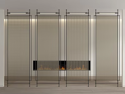 Modern Room Dividers With Metal Frames Mesh Panels Behind Fireplace Flames In Interior 3d model