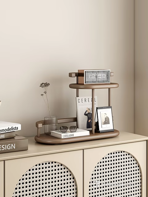 Tabletop Multi Tier Shelf Display With Digital Clock Magazines Sunglasses Photo Frame And Dried Flowers 3d model 