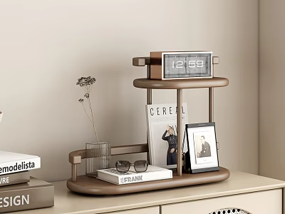 Tabletop Multi Tier Shelf Display With Digital Clock Magazines Sunglasses Photo Frame And Dried Flowers 3d model