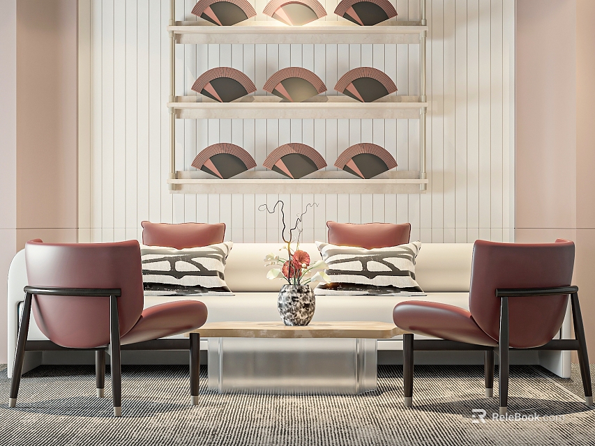 Modern Sofa And Coffee Table Set With Red Chairs Pillows Vase And Decorative Shelves 3d model 