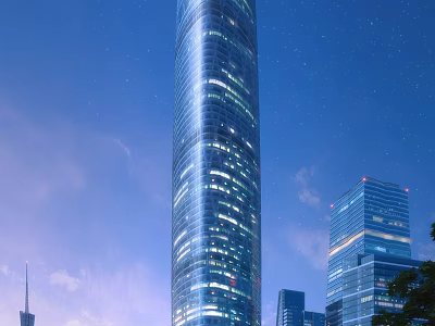 Tall Modern Office Skyscraper With Glass Facade Illuminated At Night Evening Sky 3d model