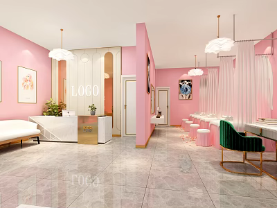 Elegant Beauty Salon Interior Design With Pink Walls White Pendant Lights And Green Velvet Chairs 3d model