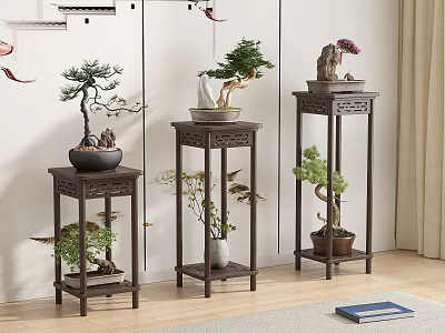 New Chinese style solid wood flower stand flower pine bonsai rockery stone 3d model
