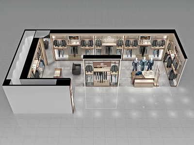 Modern Clothing Store Interior With Hanging Clothes And Multiple Display Areas 3d model