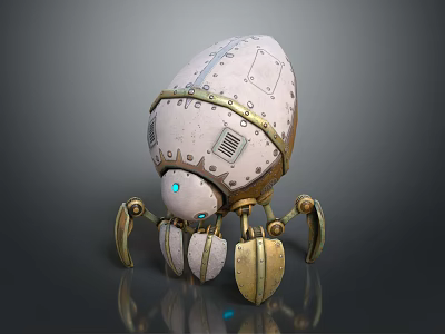Game Movie Character Mechanical Creature With Oval White Shell Metal Legs And Blue Glowing Eyes 3d model
