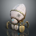 Game Movie Character Mechanical Creature With Oval White Shell Metal Legs And Blue Glowing Eyes