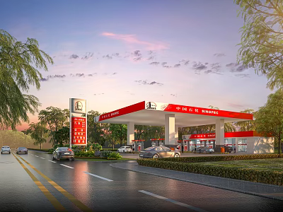 Modern Gas Station With Red Canopy Cars On Road And Green Trees 3d model