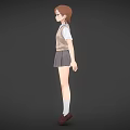 Young woman standing in school uniform with sweater vest white shirt and pleated skirt