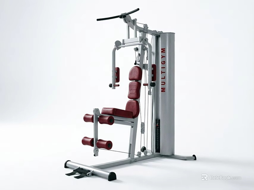 Multigym Fitness Equipment Silver Frame Red Seat Weight Plates And Cable System 3d model 
