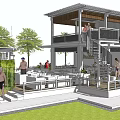 Modern Outdoor Leisure Area With White Building Structure Spiral Staircase White Furniture And Green Plants