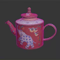 Traditional Red Teapot with Blue Elephant Bird Patterns and Decorative Woven Lid