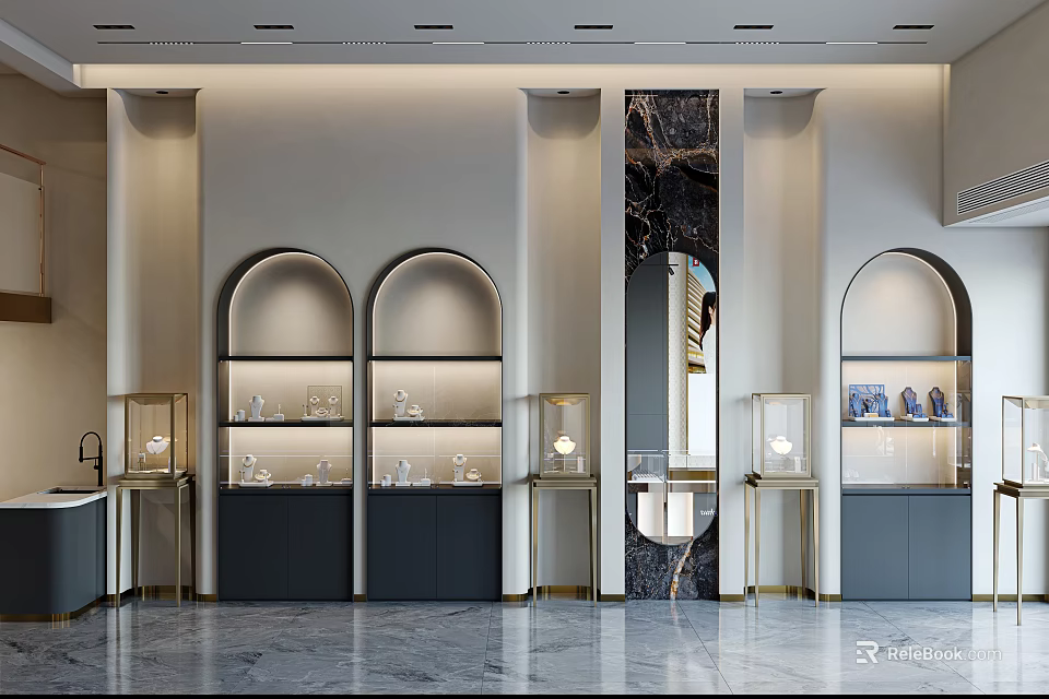 Modern Luxury Jewelry Store Interior With Arched Display Cases And Marble Elements 3d model 