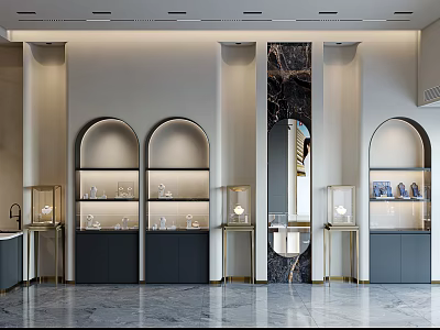 Modern Luxury Jewelry Store Interior With Arched Display Cases And Marble Elements 3d model