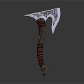 Detailed Decorative Axe Featuring Intricate Carved Metallic Head And Wooden Handle