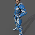 Men In Blue White And Gray Armored Suits Standing Pose Design
