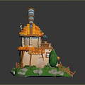 Cartoon Scene With Tower House Orange Roof Windmill Green Grass And Stones