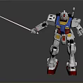 White Robot Figure With Glowing Sword Blue Yellow Red Details Standing On Reflective Floor