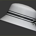 White Striped Woven Hat With Decorative Bow And Wide Brim Design