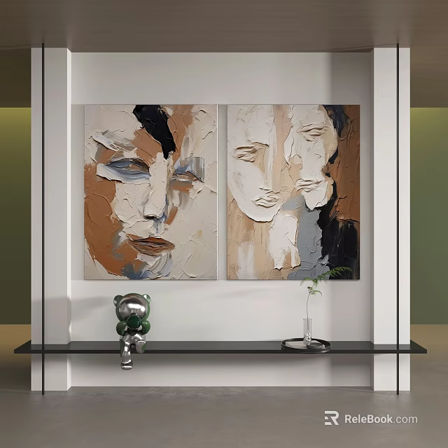 Abstract Portrait Paintings On Wall With Shelf Bear Ornament And Vase Plant 3d model 