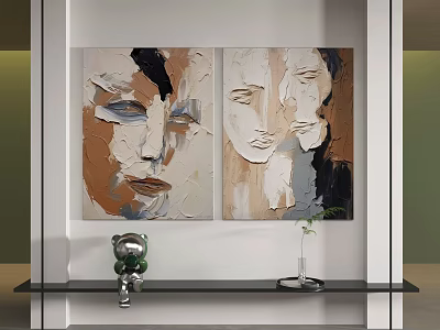 Abstract Portrait Paintings On Wall With Shelf Bear Ornament And Vase Plant 3d model