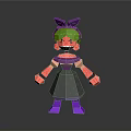Cartoon Block Style Character With Green Hair Purple Bow And Red Arm Patterns