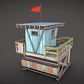 Wooden Watchtower With Red Flag Open Platform Wooden Staircase And Yellow Railing