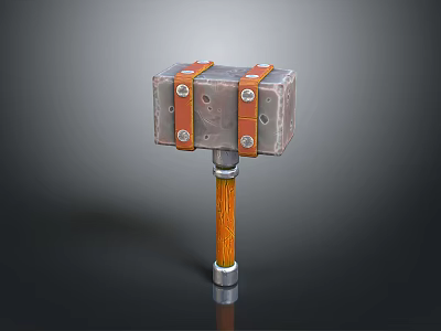 Square Metal Head Weapon With Orange Straps And Yellow Cable Like Handle 3d model