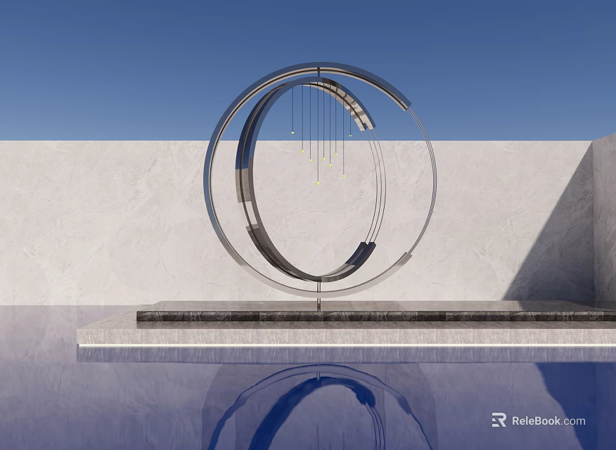 Circular Metal Landscape Sculpture With Blue Sky White Wall Water Pool Reflection 3d model 