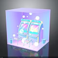 Cube Display Case Interior With Slot Machines Stools Trash Bins And Neon Bubbles