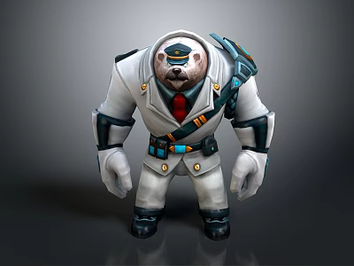 Cartoon Bear in White Uniform with Red Tie Black Shoulder Gear and Blue Accents 3d model