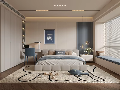 Modern Kids Room Interior Design With Cozy Bed Desk Rug Toys And Dream Big Poster 3d model