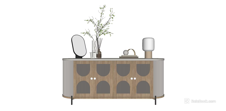 Modern Wooden Entryway Console Table Side Cabinet With Decorative Vase Mirror And Lamp 3d model 