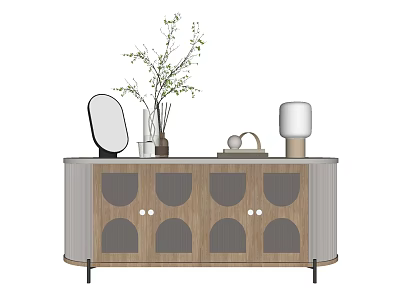 Modern Wooden Entryway Console Table Side Cabinet With Decorative Vase Mirror And Lamp 3d model