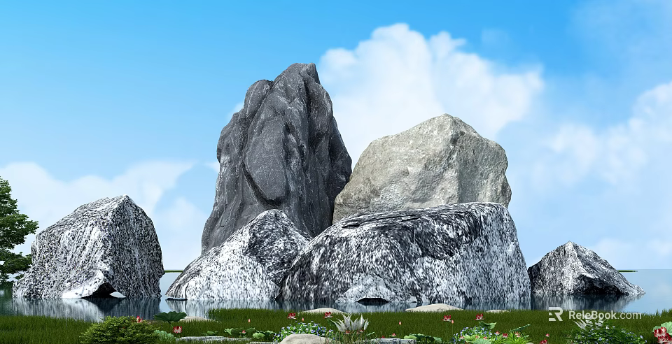 Large Natural Stones With Blue Sky White Clouds Grass And Lotus Water 3d model 