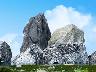 Large Natural Stones With Blue Sky White Clouds Grass And Lotus Water 3d model