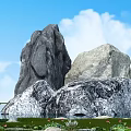 Large Natural Stones With Blue Sky White Clouds Grass And Lotus Water