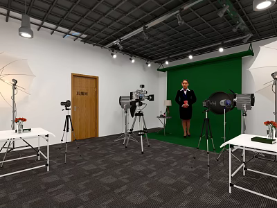 Public Office Space With Photography Equipment Green Screen And Lighting Setup 3d model