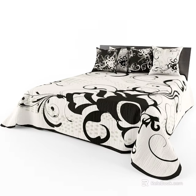 Modern Double Bed With Black And White Patterned Quilt Pillows And Dark Headboard 3d model 