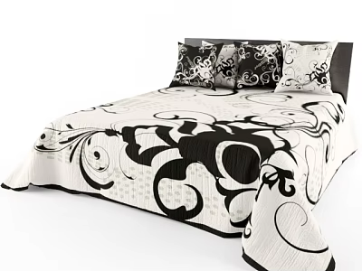 Modern Double Bed With Black And White Patterned Quilt Pillows And Dark Headboard 3d model