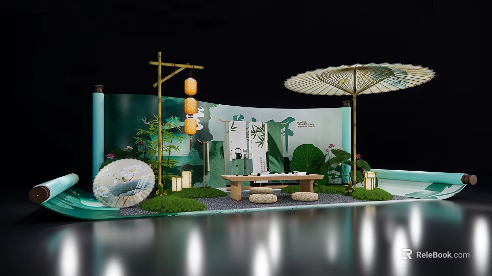 Chinese Style Photo Check In Spot With Bamboo Structure Lanterns And Green Plants 3d model 