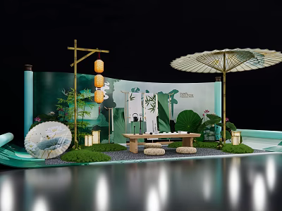 Chinese Style Photo Check In Spot With Bamboo Structure Lanterns And Green Plants 3d model