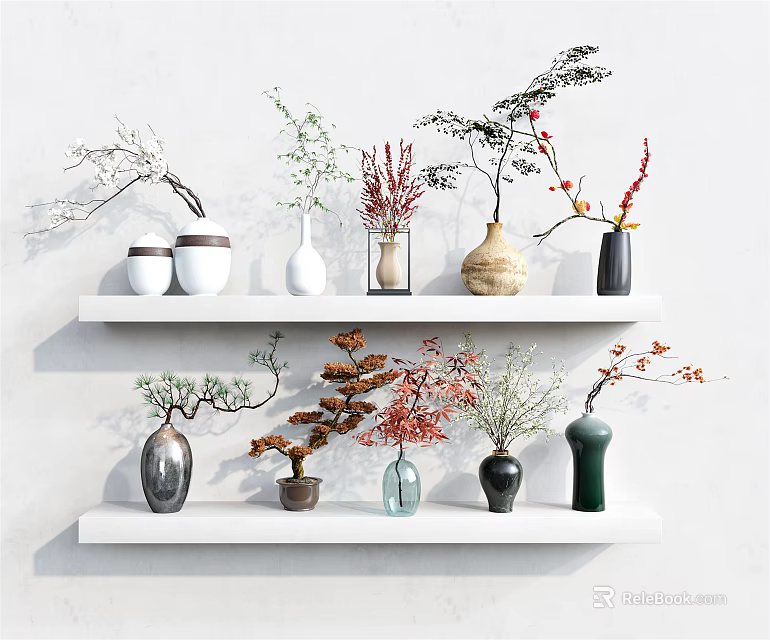 Modern Assorted Vases With Decorative Plants Arranged On White Wall Shelves 3d model