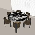 Round Marble Top Dining Table Set With Six Dark Chairs And Window Blinds 3d model