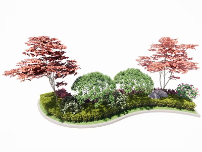 Beautiful Curved Tree Pit with Red Trees Green Shrubs Stones and Small Flowers 3d model