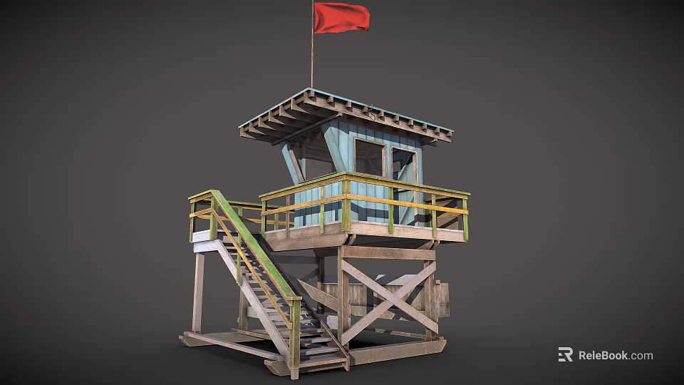 Wooden Watchtower With Red Flag Open Platform Wooden Staircase And Yellow Railing 3d model 